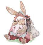  1girl 1other :3 animal_ears artist_logo bangs barefoot claws commentary ears_through_headwear english_commentary eyebrows_visible_through_hair fangs fur furry hand_on_another&#039;s_head helmet highres horizontal_pupils hug made_in_abyss mitty_(made_in_abyss) nanachi_(made_in_abyss) one-eyed open_mouth pouch puffy_pants rabbit_ears red_eyes sidelocks simple_background sitting sitting_on_ground smile susukitten tail whisker_markings white_background white_hair yellow_eyes 