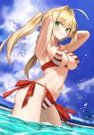  1girl :&gt; absurdres ahoge armpits ashiwara_yuu bangs bare_shoulders beach bead_bracelet beads bikini blonde_hair blue_sky blush bracelet breasts cleavage closed_mouth clouds cloudy_sky criss-cross_halter day eyebrows_visible_through_hair fate/grand_order fate_(series) green_eyes hair_between_eyes hair_intakes halterneck highres hips jewelry large_breasts looking_at_viewer navel nero_claudius_(fate)_(all) nero_claudius_(swimsuit_caster)_(fate) outdoors palm_tree sand side-tie_bikini sky smile solo striped striped_bikini swimsuit tree twintails wading water wet 