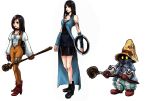  1boy black_hair bodysuit breasts brown_eyes cleavage commentary_request dissidia_final_fantasy final_fantasy final_fantasy_ix final_fantasy_viii garnet_til_alexandros_xvii gloves graphite_(medium) latex long_hair low-tied_long_hair multiple_girls orange_bodysuit smile traditional_media vivi_ornitier 