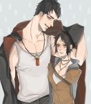  1boy 1girl black_hair breasts commentary_request dante_(dmc:_devil_may_cry) devil_may_cry dmc:_devil_may_cry facial_mark forehead_mark hood hoodie jacket jewelry kat_(dmc:_devil_may_cry) necklace open_mouth short_hair 