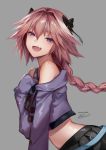  1991_(blz) 1boy astolfo_(fate) black_bow black_ribbon bow braid fang fate/apocrypha fate/grand_order fate_(series) hair_ornament hair_ribbon highres jacket long_braid looking_at_viewer male_focus open_mouth pink_hair pleated_skirt purple_jacket ribbon single_braid skirt smile trap violet_eyes 