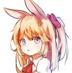  1girl animal_ears blonde_hair blue_eyes close-up face kosobin long_hair one_side_up open_mouth original rabbit_ears ribbon shirt side_ponytail solo white_shirt 