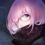  1girl absurdres breath eyebrows_visible_through_hair fate/grand_order fate_(series) glasses hair_over_one_eye highres looking_at_viewer mash_kyrielight scarf 