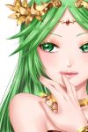  1girl bare_shoulders blush cute dress goddess green_eyes green_hair highres jewelry kid_icarus kid_icarus_uprising long_hair looking_at_viewer necklace nintendo palutena simple_background smile solo super_smash_bros. super_smash_bros._ultimate tiara very_long_hair wasabi_(legemd) 