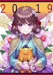  1girl blush box_(hotpppink) brown_hair chinese_zodiac flower hair_flower hair_ornament hanbok happy_new_year korean_clothes looking_at_viewer new_year original pig smile solo violet_eyes year_of_the_pig 