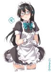  1girl alternate_costume apron aqua_eyes black_dress black_hair blush dress ebifurya enmaided frilled_apron frills frown gloves highres kantai_collection maid maid_apron maid_headdress ooyodo_(kantai_collection) puffy_short_sleeves puffy_sleeves semi-rimless_eyewear short_sleeves spoken_squiggle squiggle standing thigh-highs thighs twitter_username under-rim_eyewear waist_apron white_background white_gloves white_legwear zettai_ryouiki 