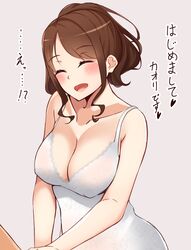  1girl :d ^_^ bare_arms bare_shoulders blush breasts brown_hair cleavage closed_eyes collarbone commentary_request dress erect_nipples green_background head_tilt heart highres kapatarou lace lace-trimmed_dress lace_trim large_breasts long_hair open_mouth original revision simple_background sleeveless sleeveless_dress smile solo translated white_dress 