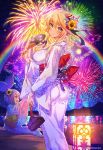  2girls age_of_ishtaria blonde_hair blue_eyes bridge company_name fan fireworks floral_print flower hair_bun hair_flower hair_ornament highres japanese_clothes kimono lu_hpink meru_(age_of_ishtaria) multiple_girls night night_sky obi official_art purple_hair rainbow salix_(age_of_ishtaria) sash sky smile violet_eyes water 