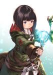  1girl bangs belt black_hair blue_eyes closed_mouth eyebrows_visible_through_hair facing_viewer final_fantasy final_fantasy_xiv glowing gradient gradient_background green_robe holding holding_wand lalafell makimura_shunsuke pointy_ears short_hair solo standing wand 