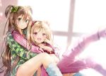  2girls :d absurdres arm_up ass bangs blonde_hair blue_legwear blurry blush bra breasts brown_hair camouflage checkered cleavage closed_mouth collarbone commentary_request day depth_of_field eyebrows_visible_through_hair green_eyes green_ribbon green_shirt hair_between_eyes hair_ribbon hand_up highres indoors knee_up kneehighs leg_up long_hair long_sleeves looking_at_viewer multiple_girls navel open_clothes open_mouth open_shirt original pajamas pants pants_pull pink_bra pink_pants pink_shirt red_eyes ribbon shirt sidelocks small_breasts smile stomach thighs two_side_up underwear very_long_hair wavy_hair window wing_collar yoshida_iyo 