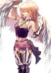  1girl armlet blonde_hair blue_eyes feet_out_of_frame flexing gyudong123 hair_between_eyes highres leg_armor midriff navel original parted_lips ponytail pose shorts sidelocks simple_background smile solo tank_top white_background white_wings wings 