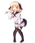  1boy :p animal_ears black_legwear blonde_hair denim denim_shorts dog_ears dog_tail finger_to_mouth full_body hand_on_own_thigh highres kosobin leaning_forward naughty_face one_eye_closed original red_eyes shirt short_hair short_shorts shorts simple_background smile solo tail thigh-highs tongue tongue_out trap white_background white_shirt 