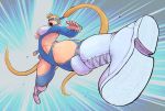  blonde_hair blue_leotard boots breasts cleavage_cutout curvy kicking large_breasts leotard muscle muscular_female open_mouth quasimodox rainbow_mika ribs street_fighter street_fighter_v thighs twintails 