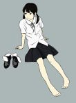  1girl arm_support barefoot black_footwear black_neckwear black_ribbon black_skirt closed_mouth collared_shirt commentary_request full_body hosoo leaning_back loafers looking_to_the_side low_twintails neck_ribbon original pleated_skirt ribbon shirt shoes sitting skirt smile socks socks_removed solo twintails white_legwear white_shirt 