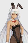  1girl altera_(fate) animal_ears armpits bangs bare_arms bare_shoulders black_leotard bow bowtie breasts bunny_girl bunnysuit cleavage collarbone covered_navel cowboy_shot dark_skin detached_collar fate/grand_order fate_(series) grey_background groin hand_on_hip hokori_sakuni leotard long_hair looking_at_viewer pantyhose parted_lips rabbit_ears red_eyes red_neckwear revision see-through sidelocks silver_hair simple_background small_breasts solo standing thighs veil very_long_hair wrist_cuffs 