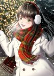  1girl :d blush breath brown_hair christmas coat earmuffs gloves green_eyes highres long_hair looking_at_viewer mueririko night open_mouth original outdoors plaid plaid_scarf red_scarf scarf smile snow snowing solo standing upper_body visible_air white_coat white_gloves 