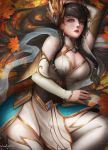  1girl arm_up armor bangs bare_shoulders black_hair blue_eyes blush braid breasts cleavage dated detached_sleeves earrings hair_ornament hair_over_shoulder head_on_arm highres irelia jewelry kaze_no_gyouja large_breasts league_of_legends long_hair long_sleeves looking_at_viewer lying on_side open_mouth red_lips sidelocks signature solo thigh-highs twin_braids very_long_hair weapon white_legwear 