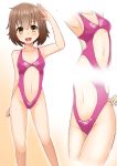  1girl breasts brown_eyes brown_hair casual_one-piece_swimsuit collarbone commissioner_upload feet_out_of_frame gluteal_fold gradient gradient_background highres kantai_collection looking_at_viewer multiple_views navel navel_cutout no_headgear one-piece_swimsuit open_mouth orange_background pink_swimsuit salute selvalanch short_hair small_breasts smile standing swimsuit upper_teeth white_background yukikaze_(kantai_collection) 