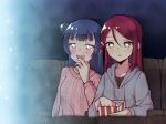  10s 2girls bangs blue_hair blush ceph_(greatyazawa1819) commentary_request drawstring eating fang food grey_hoodie hair_ornament hairclip hood hood_down long_hair long_sleeves love_live! love_live!_sunshine!! multiple_girls open_mouth pink_sweater popcorn redhead sakurauchi_riko side_bun sitting sweater theater tsushima_yoshiko violet_eyes yellow_eyes 