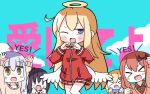  &gt;_&lt; 5girls :&gt; :d ;d angel_wings arms_up background_text bangs bat_hair_ornament black_shirt blonde_hair blush brown_eyes brown_hair brown_sweater chisaki_tapris_sugarbell clenched_hands closed_mouth collared_shirt eyebrows_visible_through_hair gabriel_dropout hair_between_eyes hair_ornament halo hana_kazari hands_up heart heart_hands highres jacket kurumizawa_satanichia_mcdowell long_hair long_sleeves low_wings multiple_girls necktie one_eye_closed open_mouth red_jacket red_neckwear shiraha_raphiel_ainsworth shirt silver_hair sleeves_past_wrists smile sweater tenma_gabriel_white track_jacket translated tsukinose_vignette_april v-shaped_eyebrows very_long_hair violet_eyes white_wings wings x_arms xd ||_|| 
