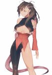  1girl asymmetrical_legwear bare_shoulders breasts breasts_apart brown_hair feet_out_of_frame gyudong123 hair_between_eyes halterneck highres large_breasts leotard long_hair long_sleeves monster_girl original parted_lips red_shirt shirt smile solo tail yellow_eyes 