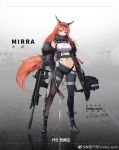  1girl animal_ears aqua_eyes artist_name assault_rifle asymmetrical_legwear bare_shoulders black_footwear black_gloves black_legwear boots breasts copyright_request crop_top finger_on_trigger fn_scar fox_ears fox_tail full_body fur_trim gloves gun high_heel_boots high_heels highres large_breasts long_hair looking_at_viewer medium_breasts midriff navel off_shoulder orange_hair pandea_work rifle scarf shirt sleeveless sleeveless_shirt solo standing tail taut_clothes taut_shirt thigh-highs weapon weibo_username 