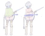  1girl arm_strap ass back ball_and_chain bare_shoulders boots bracer brown_panties chains closed_mouth contrapposto facing_away from_behind fur_trim holding holding_sword holding_weapon multiple_views nagisa_kurousagi original panties short_hair simple_background sword thigh-highs thigh_boots underwear weapon white_background white_hair 