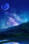  absurdres blue_sky building constellation forest full_moon ground_vehicle highres light moon mountain nature night night_sky original outdoors railing reflection rural scenery sky smile_(qd4nsvik) star_(sky) starry_sky town train tree water 