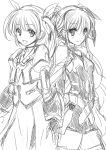  2girls :d bangs belt blush cowboy_shot eyebrows_visible_through_hair fate_testarossa gauntlets gloves hair_ribbon highres juliet_sleeves long_sleeves looking_at_viewer lyrical_nanoha magical_girl mahou_shoujo_lyrical_nanoha mahou_shoujo_lyrical_nanoha_a&#039;s mahou_shoujo_lyrical_nanoha_the_movie_2nd_a&#039;s mitarashi_kousei monochrome multiple_girls open_mouth puffy_sleeves ribbon short_twintails simple_background sketch skirt smile standing takamachi_nanoha thigh-highs twintails white_background 