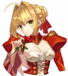  &gt;:) 1girl ahoge ashiwara_yuu bangs blonde_hair blush bow braid breasts cleavage closed_mouth dress epaulettes eyebrows_visible_through_hair fate/extra fate_(series) fingernails flower green_eyes hair_between_eyes hair_bow hair_bun hair_intakes head_tilt holding holding_flower juliet_sleeves long_sleeves medium_breasts nero_claudius_(fate) nero_claudius_(fate)_(all) puffy_sleeves red_bow red_dress red_flower red_rose rose see-through sidelocks smile solo upper_body v-shaped_eyebrows wide_sleeves 