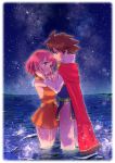  1boy 1girl blue_eyes border bracelet brown_hair butz_klauser cape couple dress eye_contact final_fantasy final_fantasy_v green_eyes hetero jewelry lenna_charlotte_tycoon looking_at_another meki-t night night_sky ocean orange_dress partially_submerged pink_hair red_cape short_dress short_hair sky standing star_(sky) starry_sky white_border 