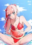  1girl absurdres bangs bikini blue_eyes blunt_bangs bow breasts cleavage collarbone darling_in_the_franxx floating_hair food fruit hair_bow highres holding holding_food horns kuno_(runkunochan) long_hair medium_breasts pink_hair ponytail red_bikini red_bow shiny shiny_clothes shiny_hair shiny_skin sitting solo sparkle swimsuit watermelon zero_two_(darling_in_the_franxx) 