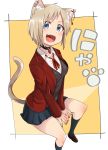  1girl :d animal_ear_fluff animal_ears blazer blue_eyes blush cat_ears cat_girl cat_tail choker collared_shirt ear_piercing fang highres jacket jessica_(roku_kyuu) jewelry kneehighs long_sleeves looking_at_viewer navy_blue_skirt neck_ribbon open_mouth original piercing ribbon roku_kyuu shirt short_hair simple_background skirt smile solo sweater_vest tail white_background white_shirt 