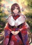  1girl brown_hair consort_yu_(fate) essual_(layer_world) fate/grand_order fate_(series) fur-trimmed_kimono fur_trim hands_together highres japanese_clothes kimono long_hair nail_polish red_eyes red_nails slit_pupils very_long_hair 