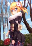  1girl absurdres artist_name as_val_(girls_frontline) bag bangs bare_tree black_kimono blonde_hair blue_eyes blue_sky blurry blurry_background blush breasts clouds commentary_request day depth_of_field eyebrows_visible_through_hair fingernails floral_print flower fur_collar girls_frontline glasses gmkj hair_between_eyes hair_flower hair_ornament handbag highres holding holding_bag japanese_clothes kimono long_hair long_sleeves looking_at_viewer looking_to_the_side medium_breasts obi outdoors parted_lips pixiv_id ponytail print_kimono red-framed_eyewear sash semi-rimless_eyewear sky sleeves_past_wrists solo tree under-rim_eyewear white_flower 