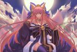  1girl animal_ear_fluff animal_ears bare_shoulders bell blue_kimono blue_legwear blue_ribbon breasts cleavage collarbone crown fate/grand_order fate_(series) fox_ears fox_girl fox_tail hair_ribbon highres japanese_clothes kimono large_breasts long_hair looking_at_viewer multiple_tails pink_hair ribbon solo sun tail tamamo_(fate)_(all) tamamo_no_mae_(fate) very_long_hair yellow_eyes yume_ou 