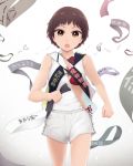  1girl brown_eyes brown_hair clenched_hands commentary_request holding looking_at_viewer open_mouth original running shirt short_hair shorts sleeveless sleeveless_shirt solo tasuki translation_request white_background white_shirt white_shorts yajirushi_(chanoma) 