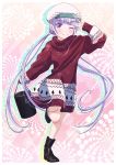  1girl ;) arm_up bag black_footwear blush boots comic_lo dress earrings eyebrows_visible_through_hair floating_hair full_body hat highres holding holding_bag jewelry leg_up long_hair long_sleeves looking_at_viewer new_game! one_eye_closed outstretched_arm pink_x print_sweater purple_hair red_sweater smile snowflake_print solo standing standing_on_one_leg suzukaze_aoba sweater sweater_dress twintails very_long_hair violet_eyes white_hat 