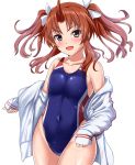  1girl antenna_hair blush breasts brown_hair collarbone competition_swimsuit eyebrows_visible_through_hair hair_between_eyes hair_ribbon highres jacket kagerou_(kantai_collection) kantai_collection long_hair long_sleeves looking_at_viewer navel one-piece_swimsuit open_mouth remodel_(kantai_collection) ribbon simple_background small_breasts solo sportswear swimsuit swimsuit_under_clothes track_jacket twintails violet_eyes water_drop wet wet_clothes wet_swimsuit white_background white_jacket white_ribbon zanntetu 