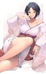  1girl artist_name black_hair breasts cleavage finger_to_mouth green_eyes highres japanese_clothes jjune kimono medium_breasts obi off_shoulder original sash short_hair solo thighs white_background wide_sleeves 