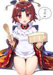  1girl :o bangs benienma_(fate/grand_order) blush commentary_request eyebrows_visible_through_hair fate/grand_order fate_(series) feathers hat head_tilt heart highres holding holding_spoon japanese_clothes kneeling long_sleeves looking_at_viewer open_mouth parted_bangs red_eyes redhead shadow shirt short_hair sidelocks simple_background solo speech_bubble spoon thighs white_background white_shirt wide_sleeves wooden_spoon xenonstriker 