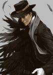  1boy belt belt_buckle black_feathers black_hair black_wings buckle feathers formal gloves grey_background hat mayumio88 original parted_lips red_eyes scarf shiny shiny_skin short_hair simple_background smile solo suit torn_clothes torn_hat upper_body white_gloves white_scarf wings 