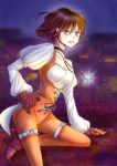  1girl bodysuit breasts brown_eyes brown_hair choker cleavage commentary_request final_fantasy final_fantasy_ix garnet_til_alexandros_xvii gloves jewelry karin_(uzura_97) knife looking_at_viewer medium_breasts necklace orange_bodysuit parted_lips short_hair smile solo 