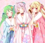  3girls alternate_costume azur_lane blonde_hair blush braid breasts closed_eyes collarbone comet_(azur_lane) crescent crescent_(azur_lane) crescent_hair_ornament cygnet_(azur_lane) eating flower food green_hair hair_bun hair_ornament hair_ribbon hairclip japanese_clothes kimono large_breasts long_hair looking_at_another meatball multiple_girls open_mouth pink_hair ribbon sakura_(ichisakupink) twintails 