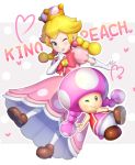  2girls ;) blonde_hair bow braid brown_footwear character_name crown dress earrings elbow_gloves finger_to_mouth gloves gonzarez grey_eyes heart highres jewelry looking_at_viewer super_mario_bros. multiple_girls new_super_mario_bros._u_deluxe nintendo one_eye_closed outline peachette pearl_earrings pink_dress pink_earrings puffy_short_sleeves puffy_sleeves short_sleeves smile super_crown toadette twin_braids twintails vest white_gloves white_outline 