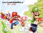 /\/\/\ 2girls 3boys blonde_hair blue_sky braid brown_hair chasing clouds copyright_name crying dress emphasis_lines facial_hair fleeing flower gloves green_shirt hat long_hair looking_back luigi mario super_mario_bros. multiple_boys multiple_girls mustache nabbit new_super_mario_bros._u_deluxe nintendo nowitsevenhotter overalls princess_peach red_hat red_shirt running sack shirt sky super_crown sweat toadette twin_braids vest white_gloves 