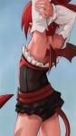  1girl arm_up armpits corset demon_girl demon_tail demon_wings disgaea dress etna facing_away frilled_dress frills highres makai_senki_disgaea paintrfiend pointy_ears red_tail red_wings redhead solo stretch stretched_limb tagme tail wings 
