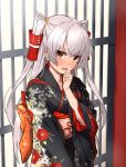  1girl amatsukaze_(kantai_collection) bangs black_kimono blush brown_eyes collarbone commentary_request cowboy_shot eyebrows_visible_through_hair fang floral_print flower gate hair_ornament hair_tubes hand_on_own_chin hand_up head_tilt highres japanese_clothes kantai_collection kimono light_particles long_hair long_sleeves looking_at_viewer obi open_mouth outdoors print_kimono ribbon sash silver_hair solo standing takanashi_kei_(hitsujikan) two_side_up wide_sleeves 