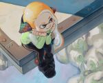  1girl act_(a_moso) black_footwear closed_mouth domino_mask from_above full_body green_jacket grey_eyes hands_up headgear inkling jacket leggings long_hair long_sleeves mask orange_hair shoes sitting smile solo splatoon splatoon_(series) splatoon_2 squidbeak_splatoon suction_cups tentacle_hair water 