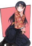  1girl absurdres bangs black_hakama blue_hair blush boots closed_mouth commentary_request drawing_sword floral_print goe_(g-o-e) hair_between_eyes hakama hakama_skirt highres holding holding_sword holding_weapon japanese_clothes katana kneeling long_hair looking_at_viewer love_live! love_live!_school_idol_project simple_background solo sonoda_umi sword weapon wide_sleeves 